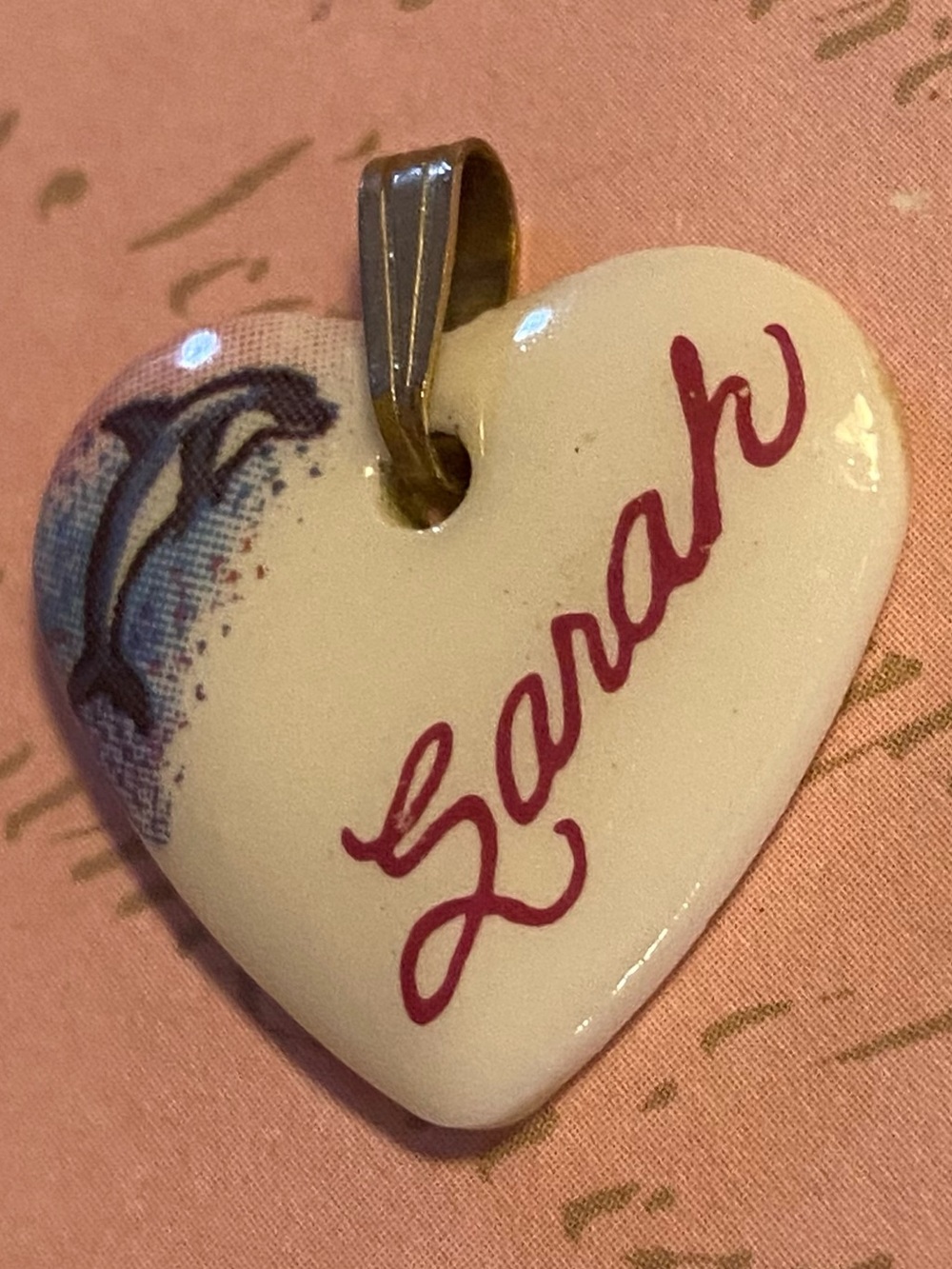 Vintage 90s Hand Painted Porcelain Heart Name Necklace Sarah Dolphin Pendant